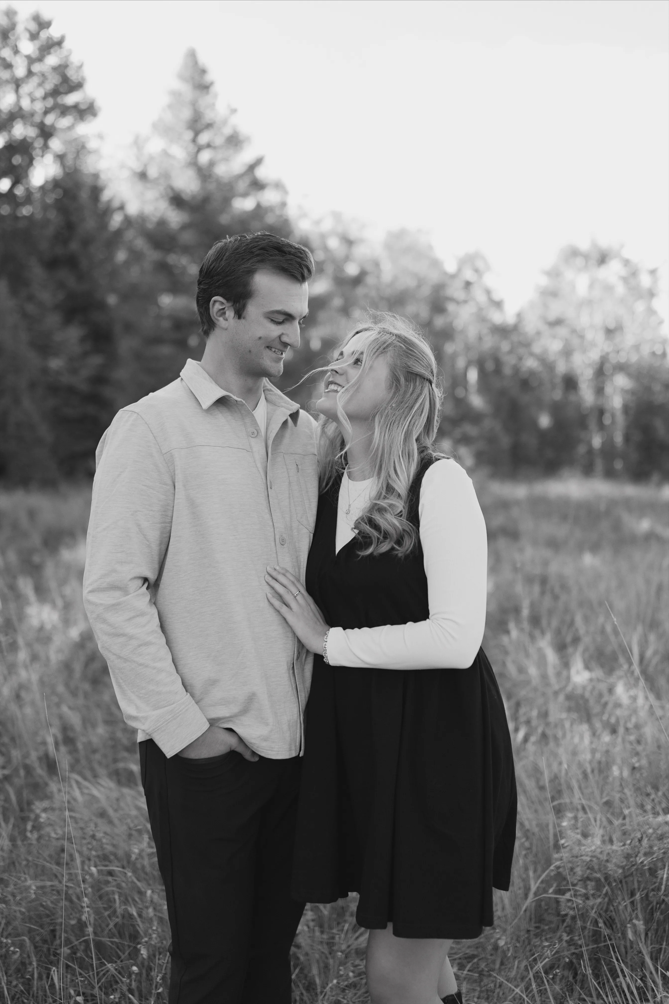 Black-and-white portrait at sunset