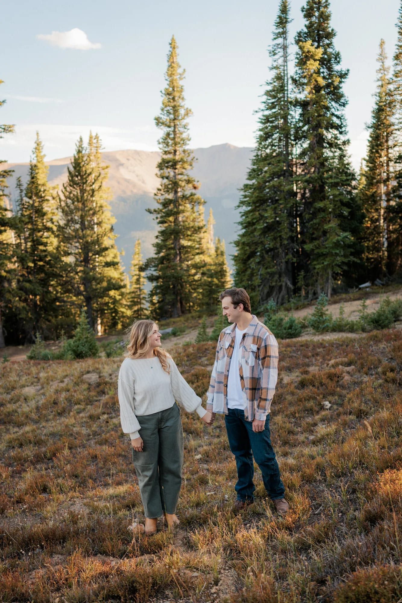 Jordan and Daelynn holding hands in a meadow below the peaks