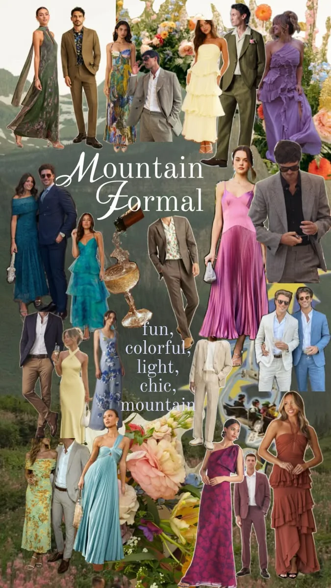 Mountain formal attire mood board — fun, colorful, light, chic, mountain